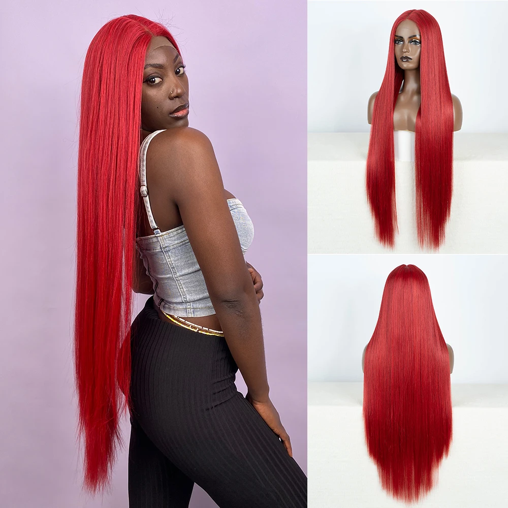 

Синтетические парики фронта шнурка Супер длинный красный блондин черный парик для женщин Длинный прямой парик шнурка 38 дюймов Синтетический термостойкий парик