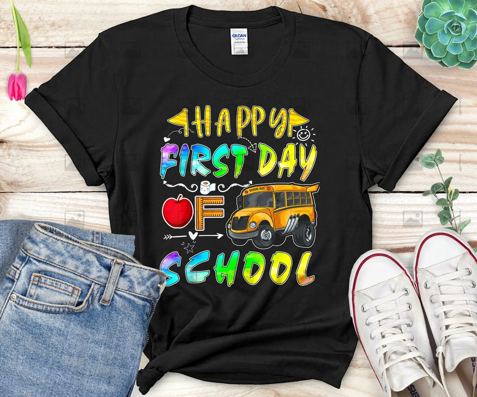 New Funny Happy First Day Of School Tee Pre-K Teachers Teaching T-Shirt Cotton T Shirt Tee Shirts Custom Aldult Teen Unisex