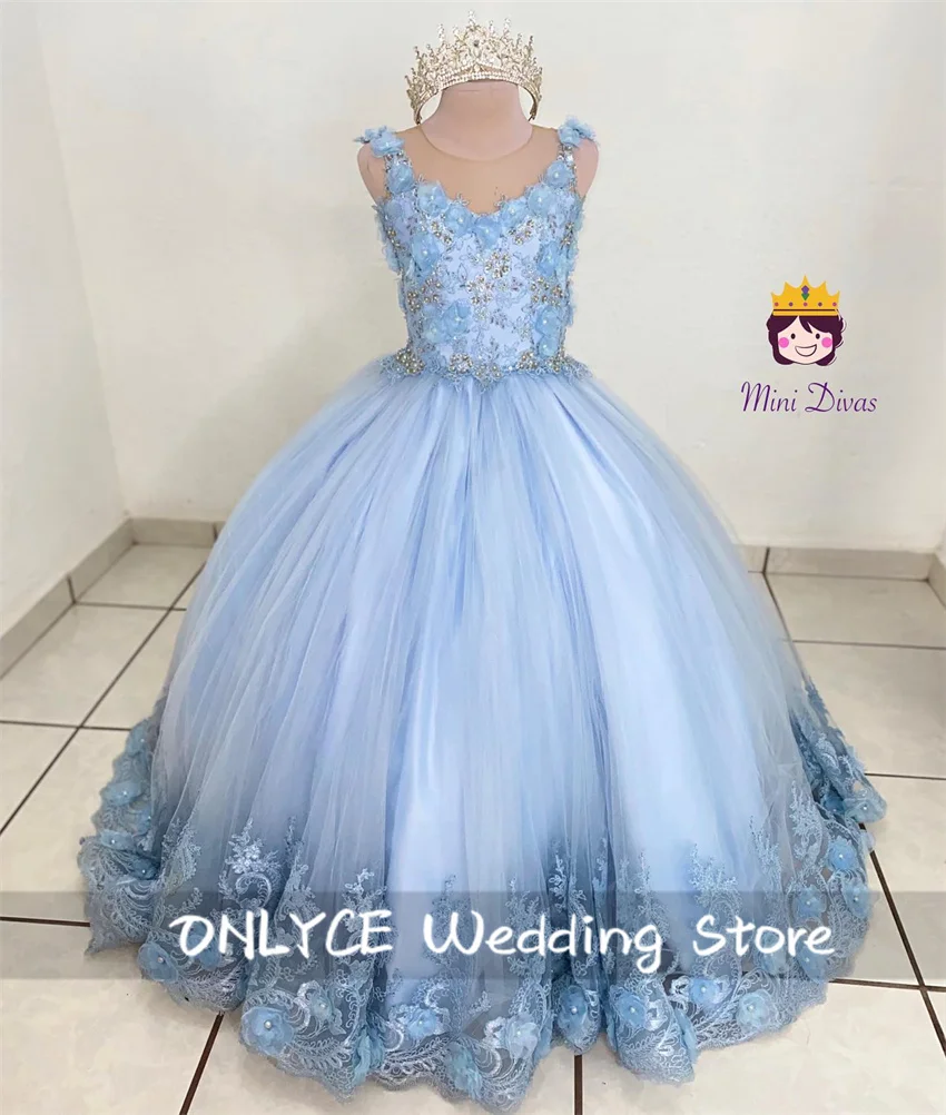 

Luxury Blue Flower Girls Dress For Weddings 2024 Tulle Floral Applique Beading Crystal Pearls Birthday Party Gown Customized