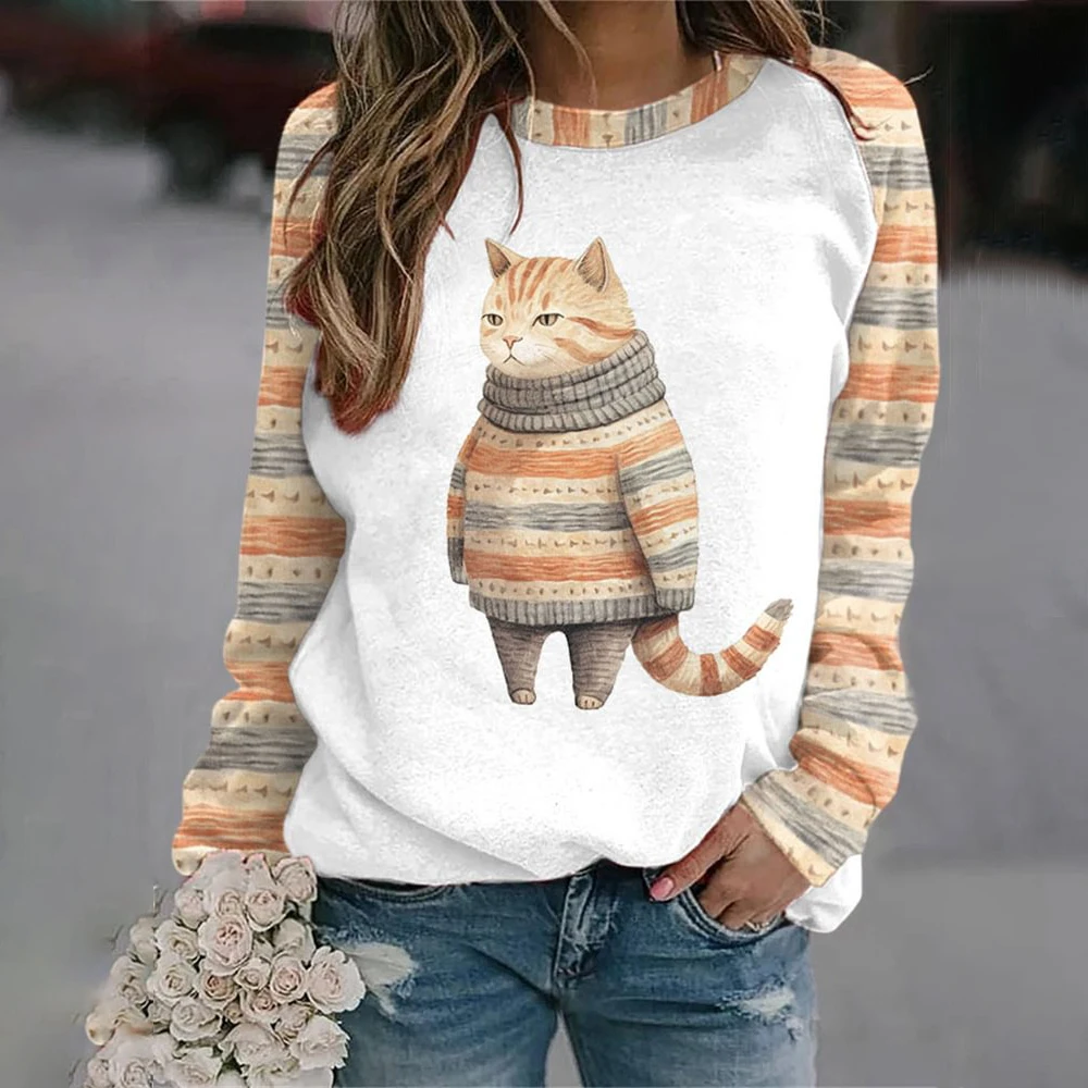 T-shirt a maniche lunghe in cotone per donna Divertenti felpe con stampa di animali gatto Kawaii Felpa da donna con pullover con o-collo carino