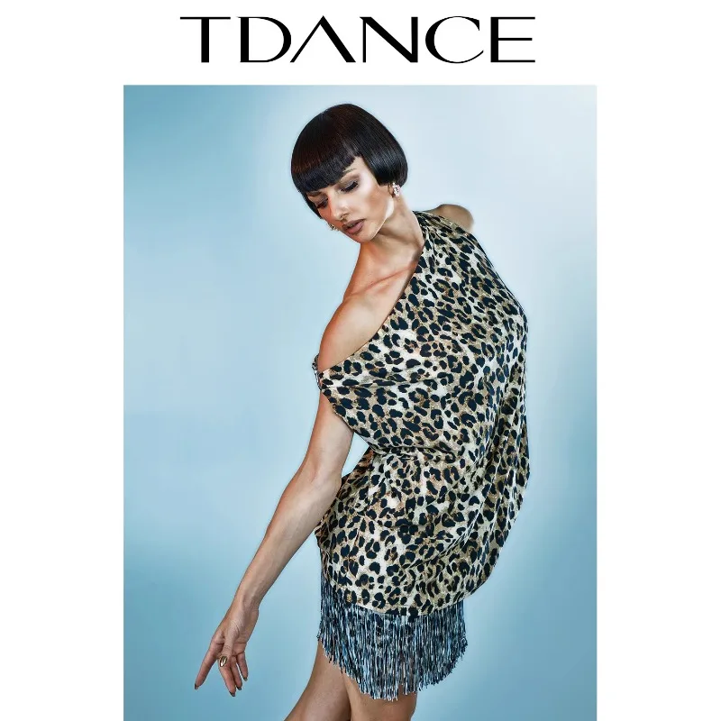 Robe de danse latine personnalisée, vêtements d'entraînement, taille empilée, demi-jupe à pampilles, performance polyvalente, imprimé léopard, pour femme