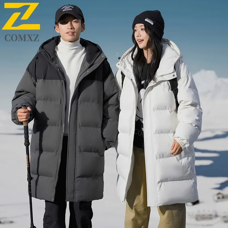 COMXZ 2025 Casaco masculino de algodão longo com capuz e bloco colorido inverno na altura do joelho grosso quente patchwork casaco leve