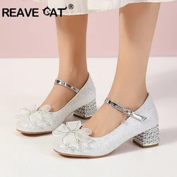 REAVE CAT Women Pumps Janes Buckle Bow Gold Sequins 5cm Block Heel Glitter Sweet Shoes Big Small Size 28 43