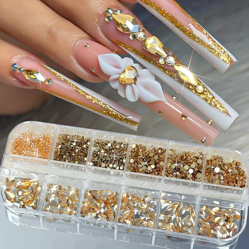 Set di 12 Griglie di Strass 5D Misti Rossi per Unghie, Diamanti Scintillanti in Vetro a Forma di Cuore/Fiocco/Rotondi/Goccia, Decorazioni Speciali per Unghie