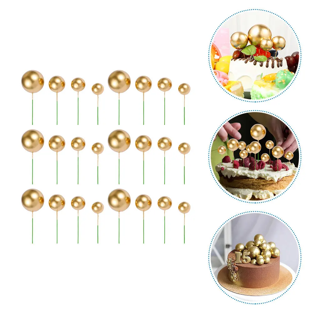 

24Pcs Golden Round Ball Cake Toppers Creative Picks Party Cupcake Decorations Birthday Wedding Cake Accessories