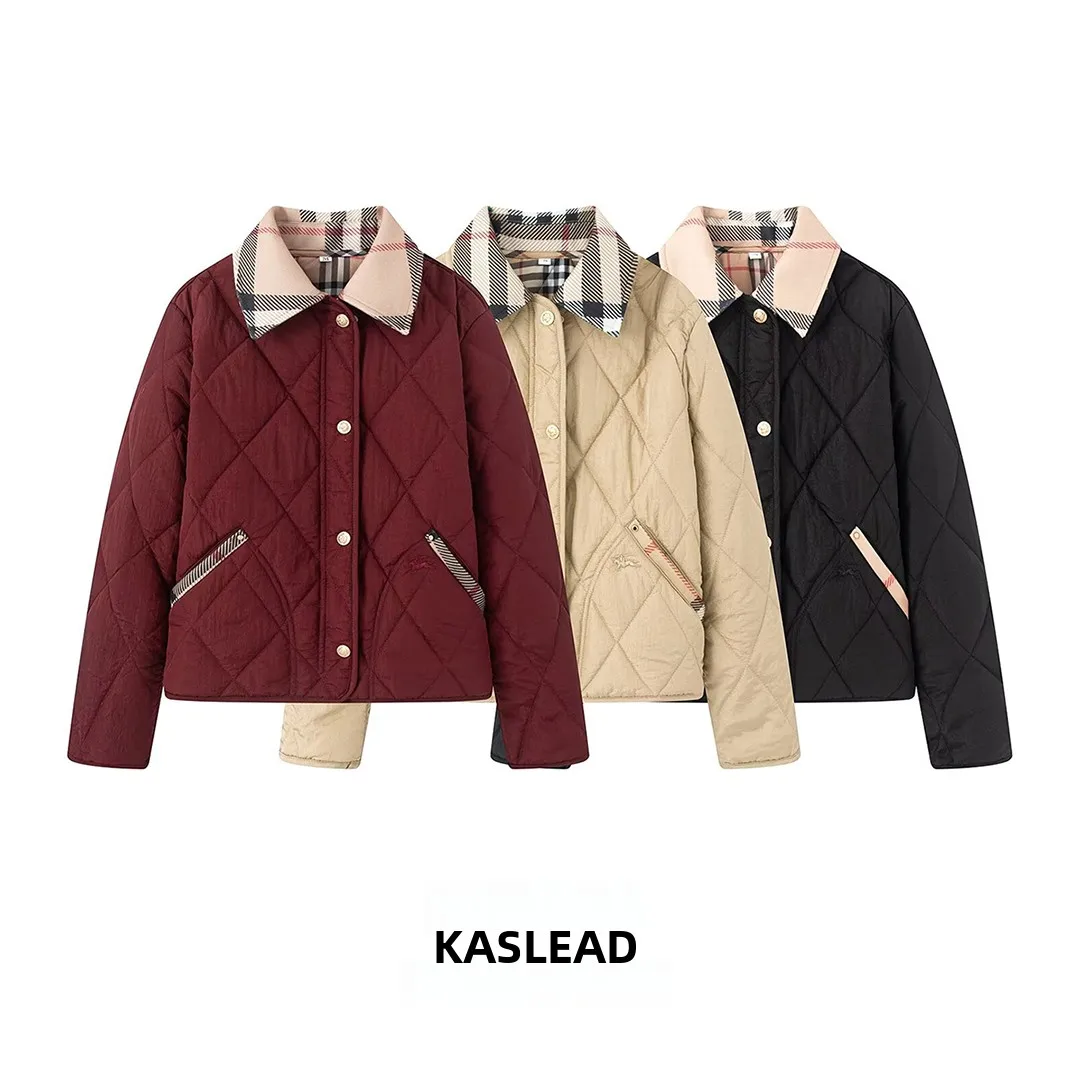 

KASLEAD Faionable Plaid Cotton Jaet Women's Long Sve Turn-down Collar Double ket Single Button Sli Outerwear
