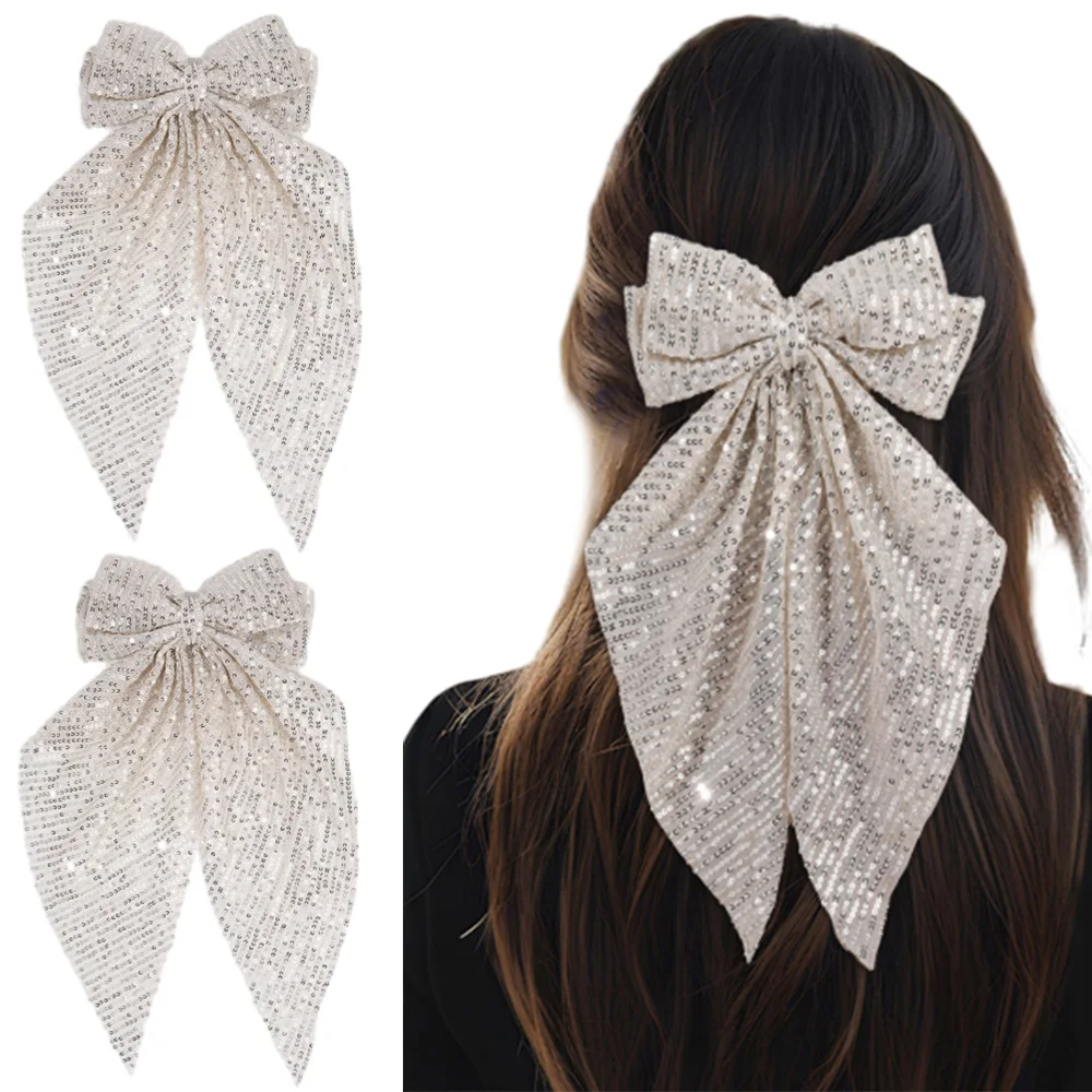 ncmama Sequins Large Hair Bow Clip for Women Sweet Girls Bowknot Hairpin Female High Ponytail Clip Hair Accessories New Headwear