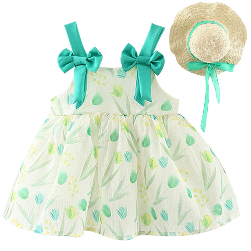 

2Piece Set Summer Baby Girls Clothes Korean Cute Chiffon Sleeveless Bow Flowers Beach Dress+Sunhat Luxury Birthday Dresses BC645