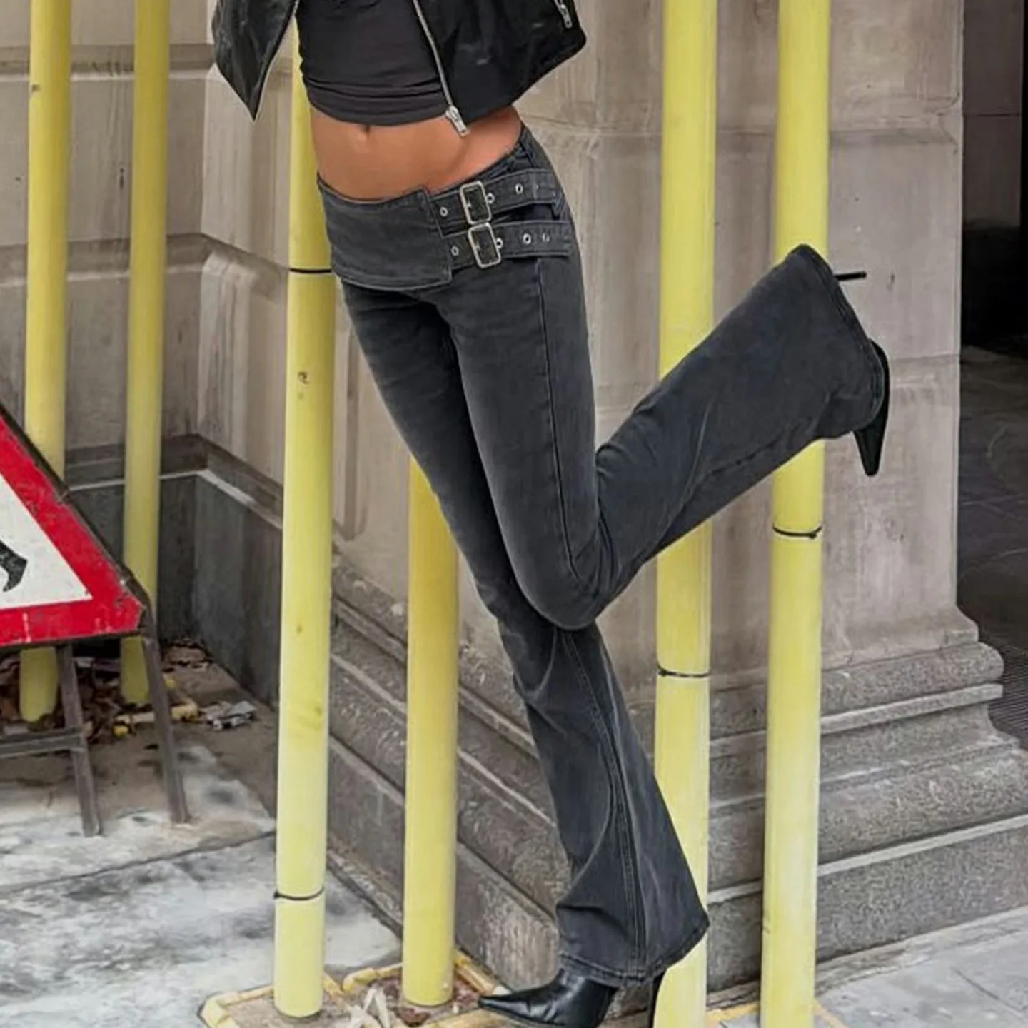 

Elegant Fashion Solid Jeans With Double Buckle Slim Asymmetrical Low-Waisted Denim Pants Women 2025 Punk Y2K Trousers Streetwear