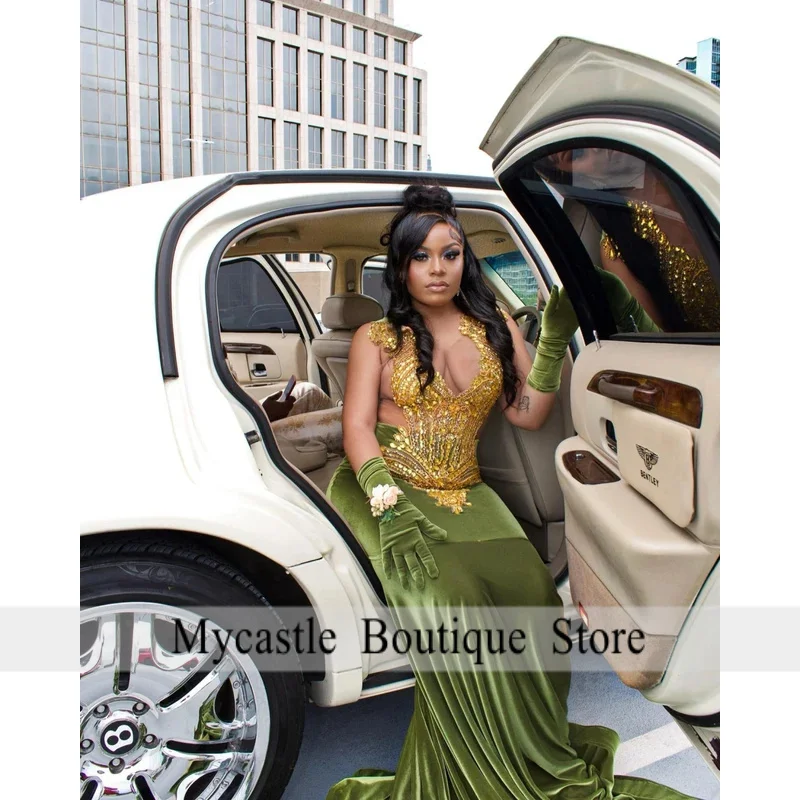 カスタマイズされたキラキラグリーンのプロムドレス 2026 黒人女の子用 ゴールドダイヤモンドビーズクリスタルスパンコール誕生日パーティードレス 0