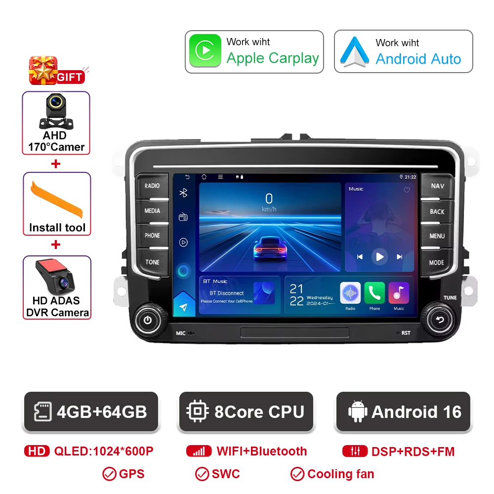 Auto radio voor VW Skoda Golf Touran Passat B6 B7 Polo Android Auto Multimedia Videospeler GPS Carplay BT QLED Scherm Stereo WIFI