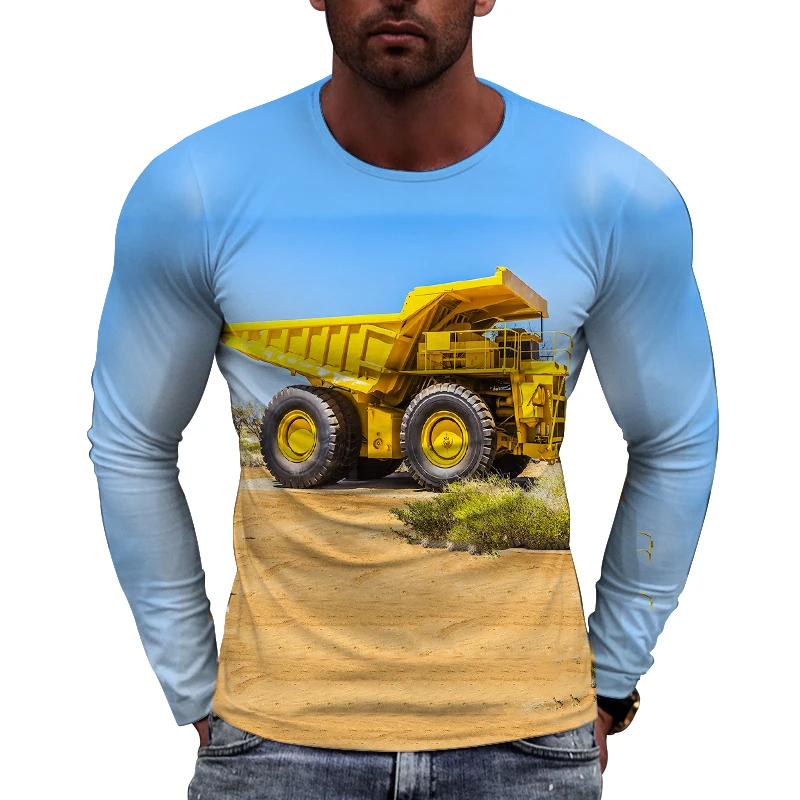 Heavy Engineering Truck Printed Men's T-Shirt Tough Guy Style Driver Quick Drying Work Clothes Personality Long Sleeve Clothing