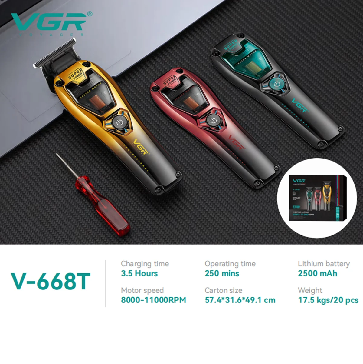 VGR Professional Hair Clippers Rechargeable Hair Trimmer Vector Motor 11000 RPM Haircut DLC Blade Clippers For man V-668 V-668T image 18