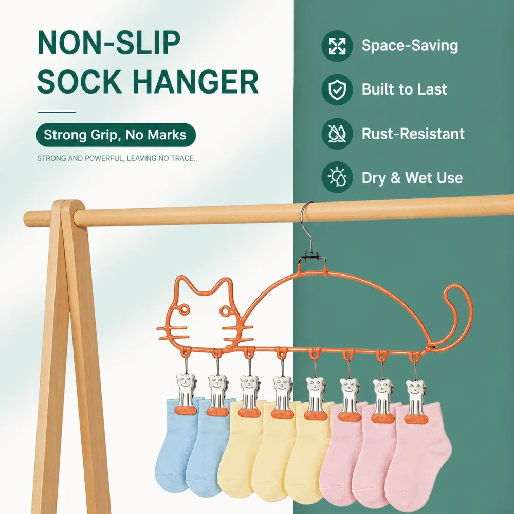 Cat Shape Clothes Drying Rack Metal 8 Clips Capacity​​ Sock Rack​​ Windproof Waterproof Clothes Hanger ​​Laundry Organization​​