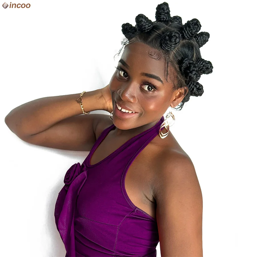 Short Synthetic Full Lace Wig Bantu Knot Braided Wigs For Black Women Afrian Cornrows Braiding Hair 16'' Knotless Box Braids Wig