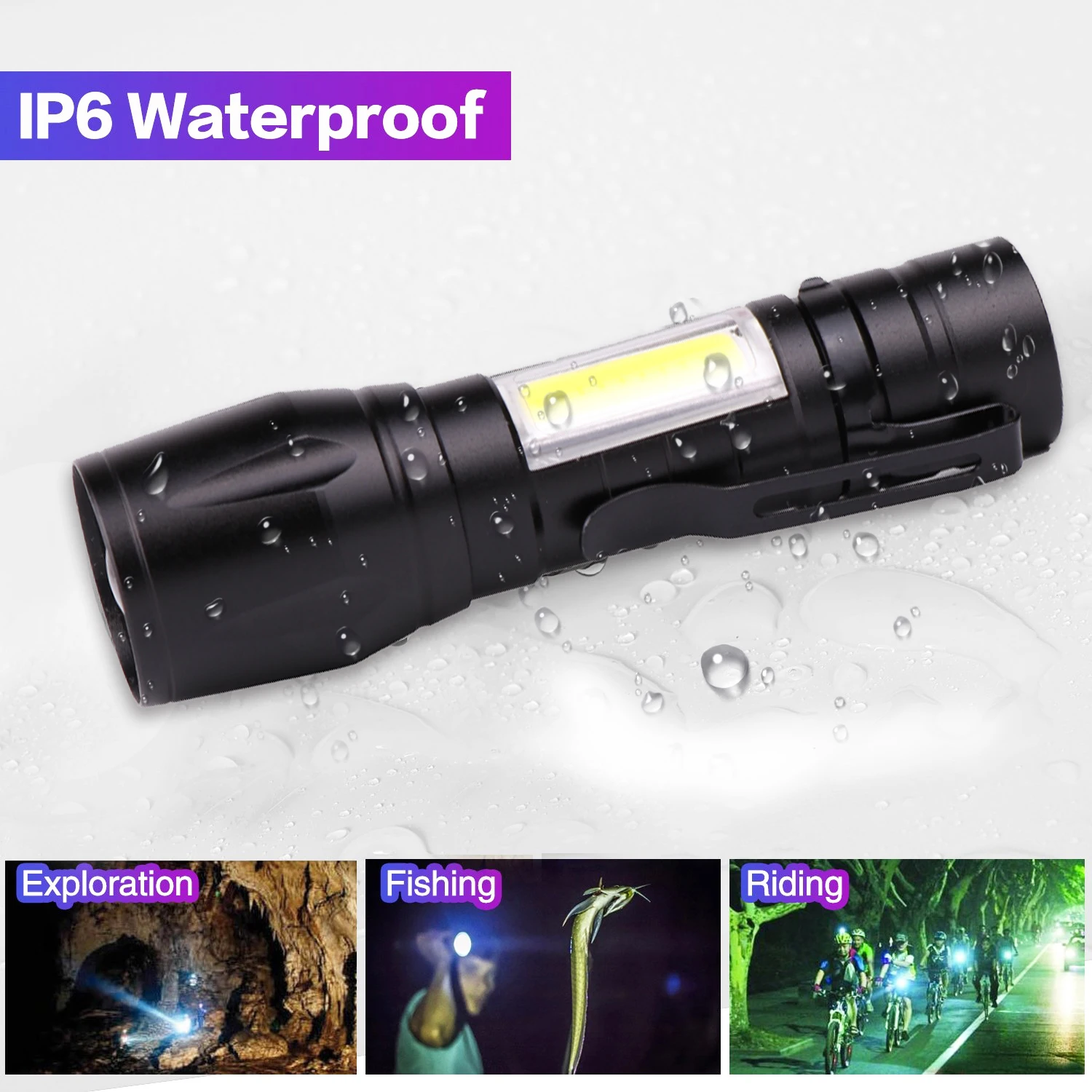 Mini Led Flashlight Built In Battery Zoom Focus Torch Lamp Lantern Adjustable Penlight Waterproof Cob Led Light