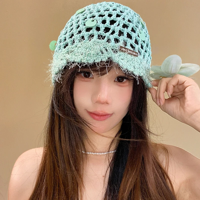 New Arrival Hand Woven Head Wrap Beanie Cap Fringe Sequins Tassel Slouchy Hat Romantic Sweet Short Cap for Women Spring Summer