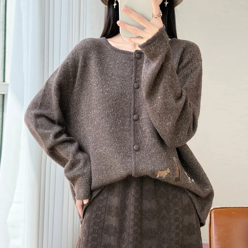 Autumn Women's 100% Merino Wool Cardigan Sweater O‑Neck Contrast Binding Whimsical Animal Embroidery Playful Knit Outerwear 5