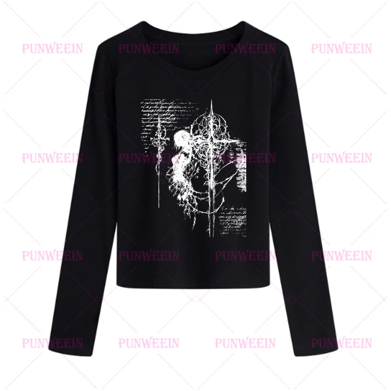 Harajuku esthétique dessin animé Y2k haut court Punk gothique Emo fille japon Anime graphique femmes mince à manches longues imprimé sous-culture T-shirt