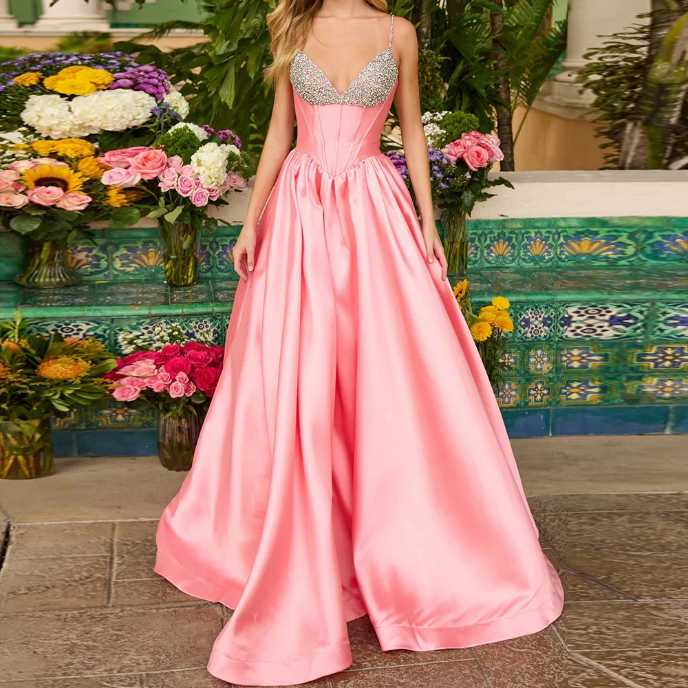 

Customized A-line Evening Dresses Floor-length Spaghetti Strap Sleeveless Prom Gown Fashion Crystal Simple Draped Party Gown