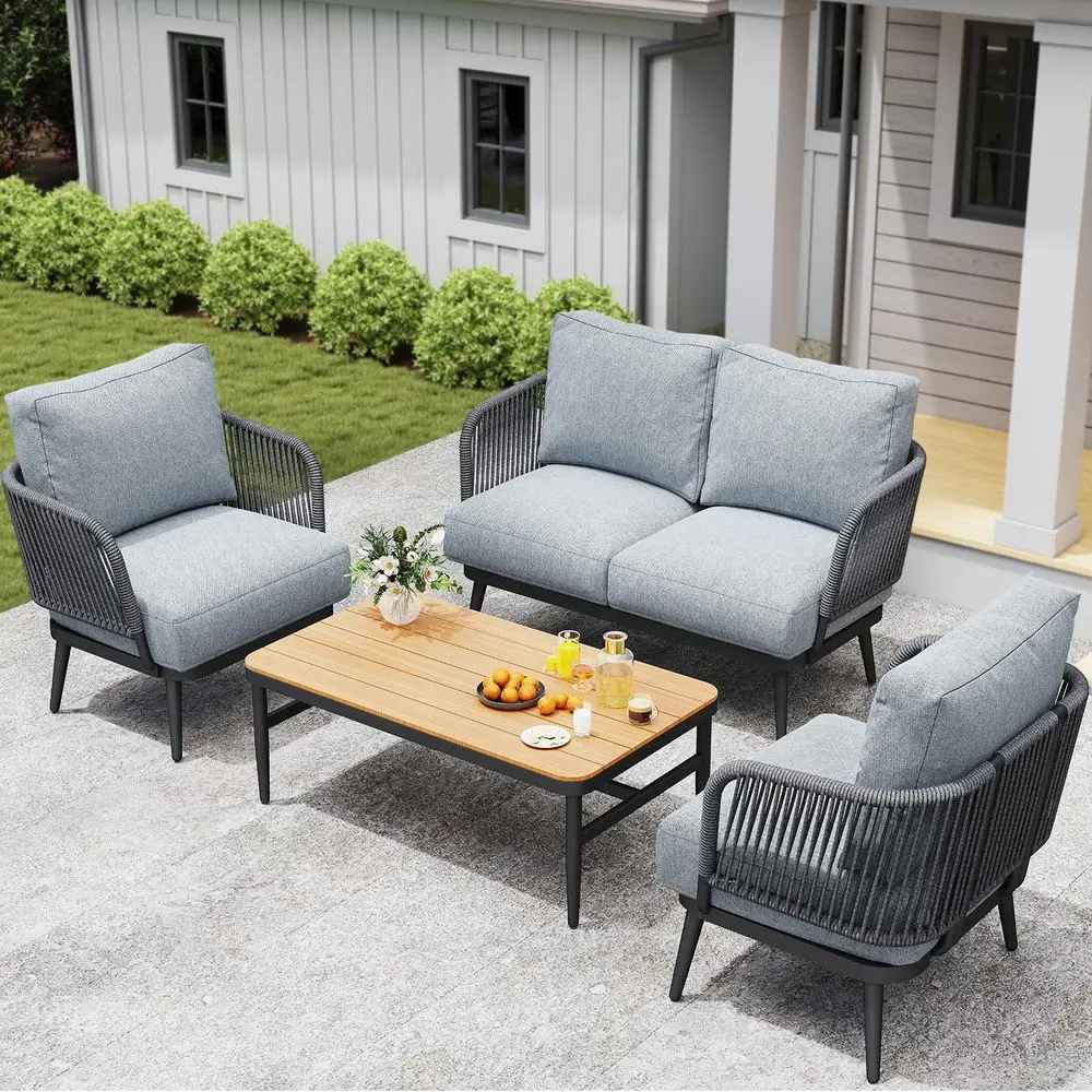 

Outdoor Patio Furniture Set 5Piece, Outdoor 4Seat Sofa with Coffee Table, Waterproof Thick Cushion Patio Conversation Set, All