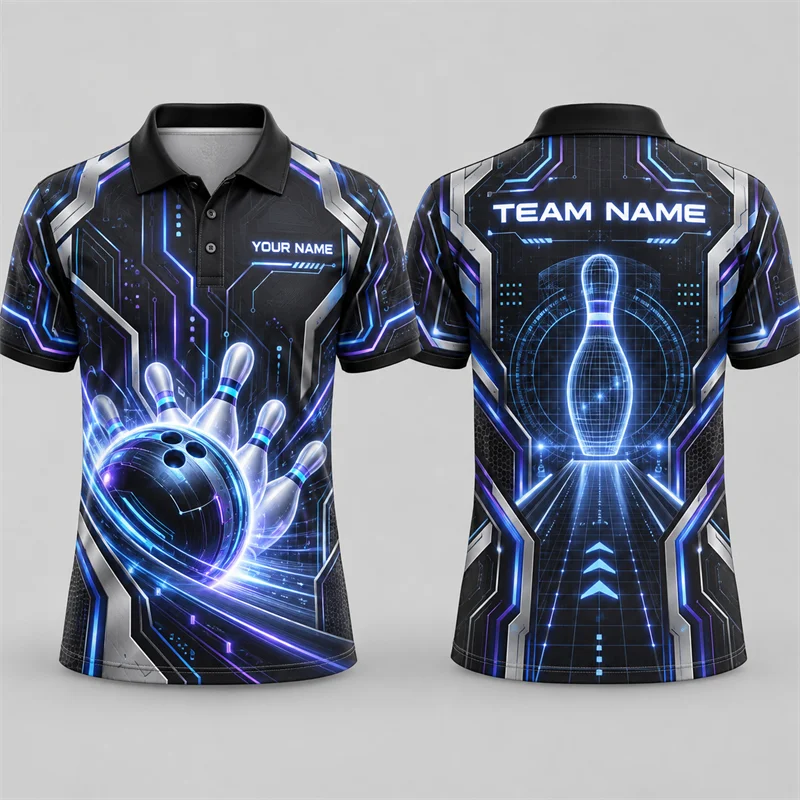 Custom Bowling Polo Shirt Personalized Name Team Name Vintage Art Print Short Sleeve Jersey League Tournament Sports Uniform Top