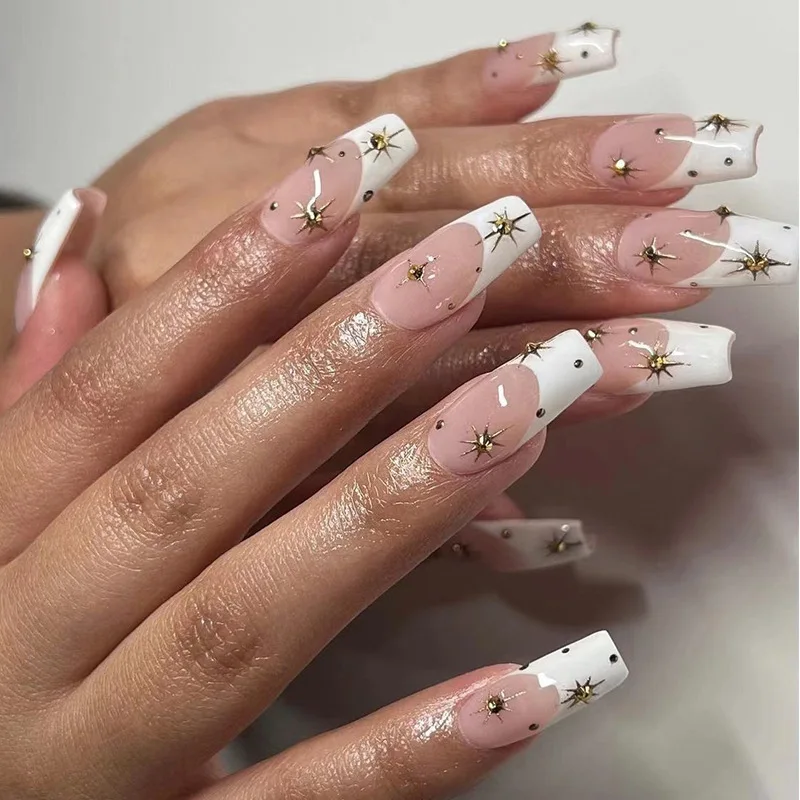 24 pièces fini presse sur ongles blanc français Ballet faux ongles détachable strass Starlight mi-longue cercueil faux ongles conseils