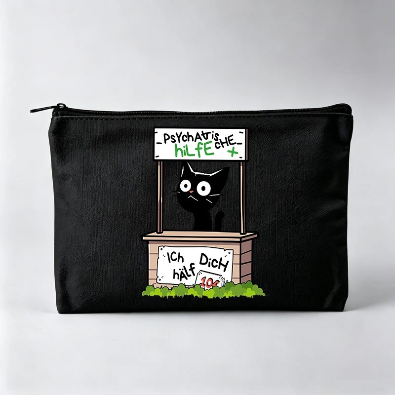 Women's Black Cat Graphic Makeup Bag with Typography Print, Casual Cosmetic Pouch for Daily Use