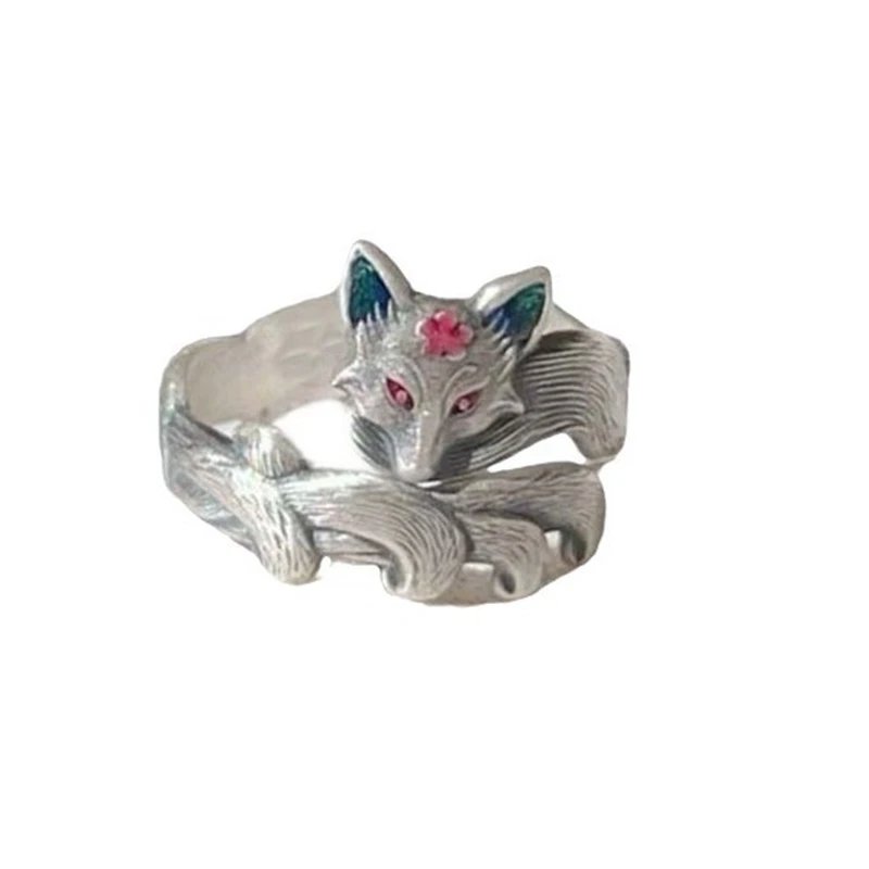 Vintage Nine-tailed Fairy Fox Opening Ring for Women Girls Silver Color Metal Enamel Finger Rings Elegent Party Jewelry Gifts