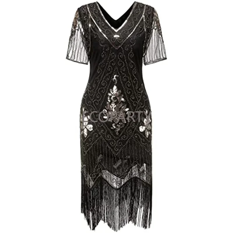 2023 New Spring 1920s Flapper Dress Great Gatsby Party Evening Sequins Fringed Dresses Gown Dress with 20s Accessories 6-PCS Set