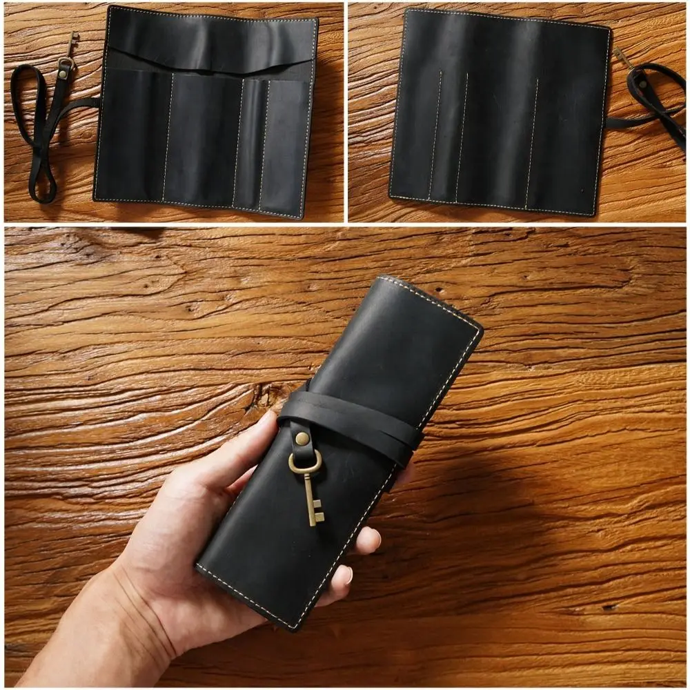 Genuine Leather Genuine Leather Pencil Case Pens Bag Creative Foldable Leathe Pencil Bag Retro Tie Rope