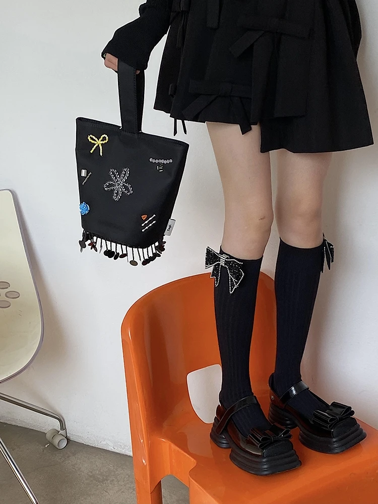 Special-Interest Design Handmade Bow Rhinestone All-Match Black Double Needle Mid-High Tube Sweet Women's Socks