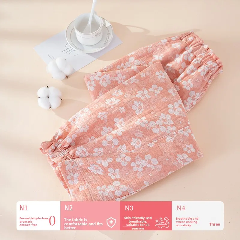 Vintage Yarn-Dyed Jacquard Women‘s Cotton Lounge Pants, Single Piece Relaxed Fit Straight Leg, Breathable Lightweight Versatile