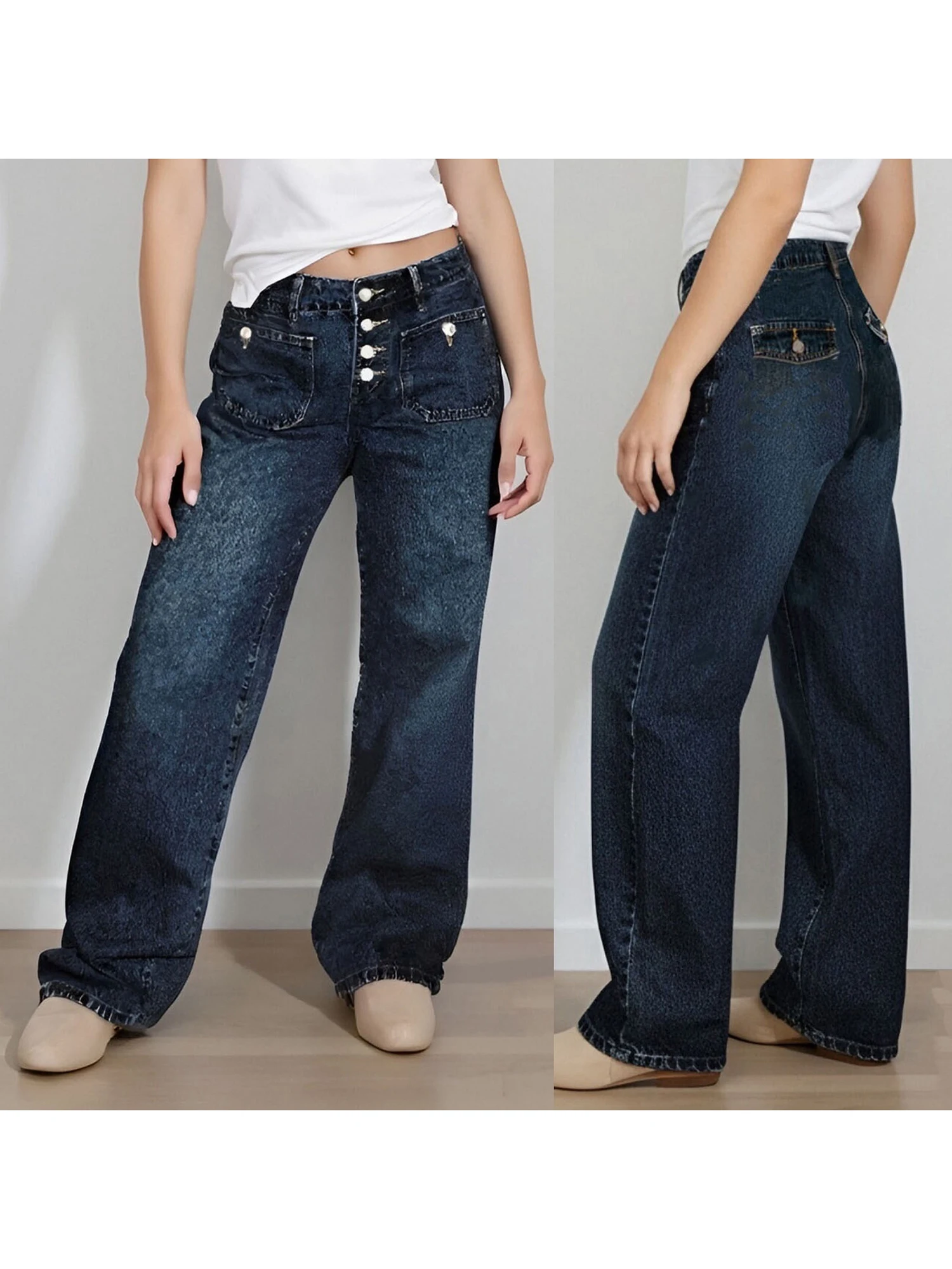 Damen-Denim-Cargohose mit niedrigem Bund und weitem Bein und Taschen – lässige, einfarbige Baggy-Jeans für einen stilvollen Look