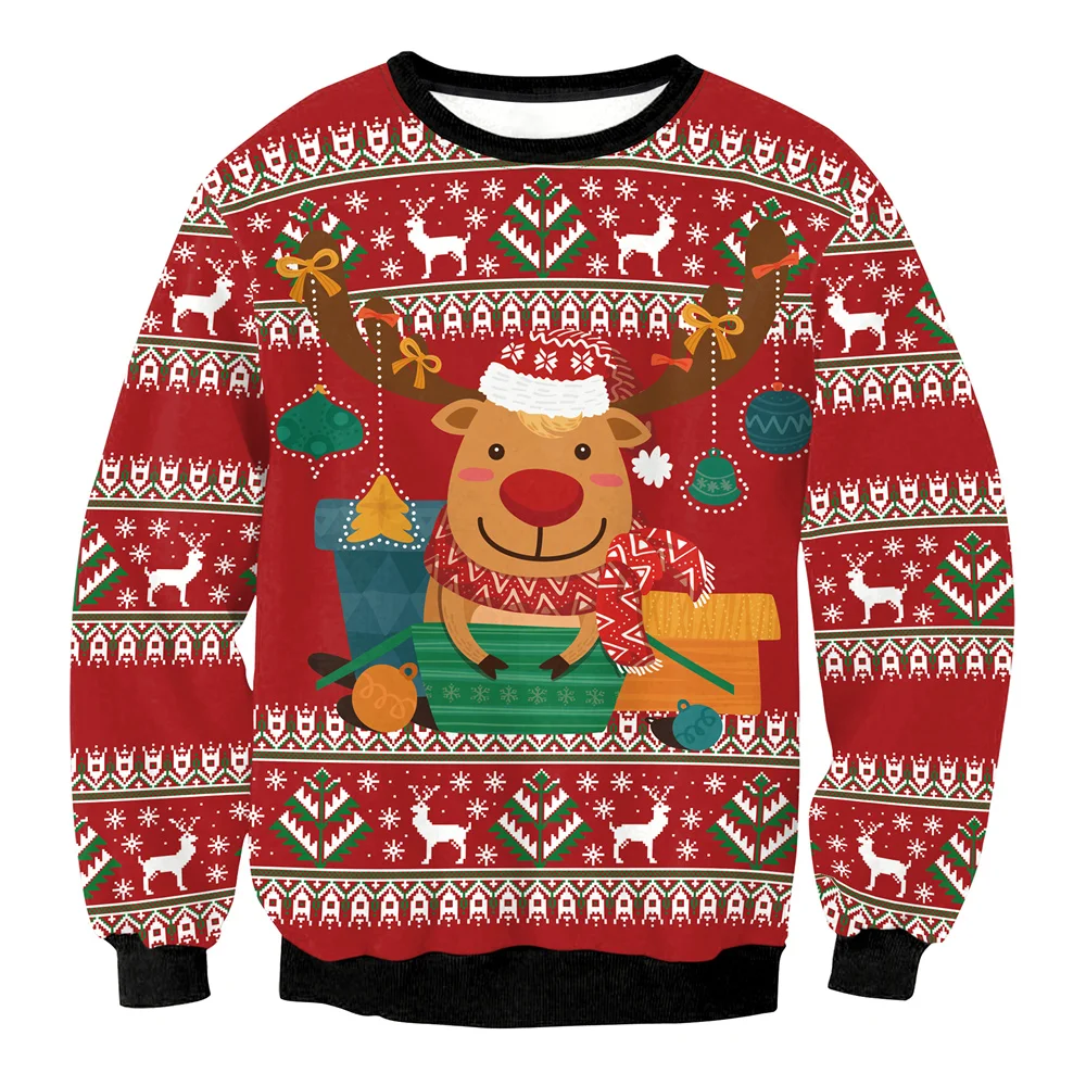 Men Women New Year Eve Xmas Sweatshirt Pullover Reindeer Ugly Christmas Sweater 3D Novelty Print Holiday Party Jumper Tops