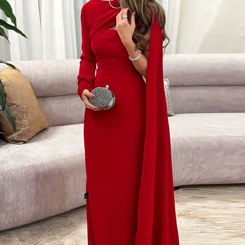 

Sexy Asymmetric Hollow Out Party Dress Women New Ribbon Long Sleeve Evening Dress Elegant Long Sleeve Full Length Dress