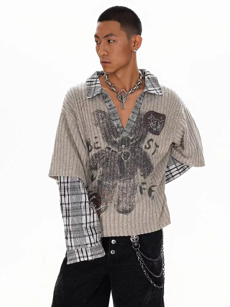 

American Patchwork Punk T Shirt Men Y2K Spring Chic V Neck Long Sleeve Tops Bf High Street Fake 2 Piece Spliced Tees New
