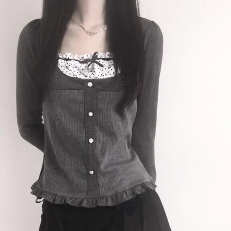 

Y2K Polka Dot Print Contrast Patchwork Knitted Tops Grey Autumn Spring Cute Bow T-shirts Slim-fit Long Sleeve Knitwear