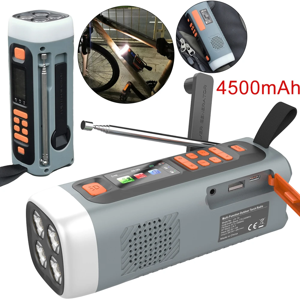 多機能ポータブル緊急ラジオ,dab fmラジオ,USB C,ソーラー,クランク充電器,懐中電灯,BTスピーカー,4500mAh