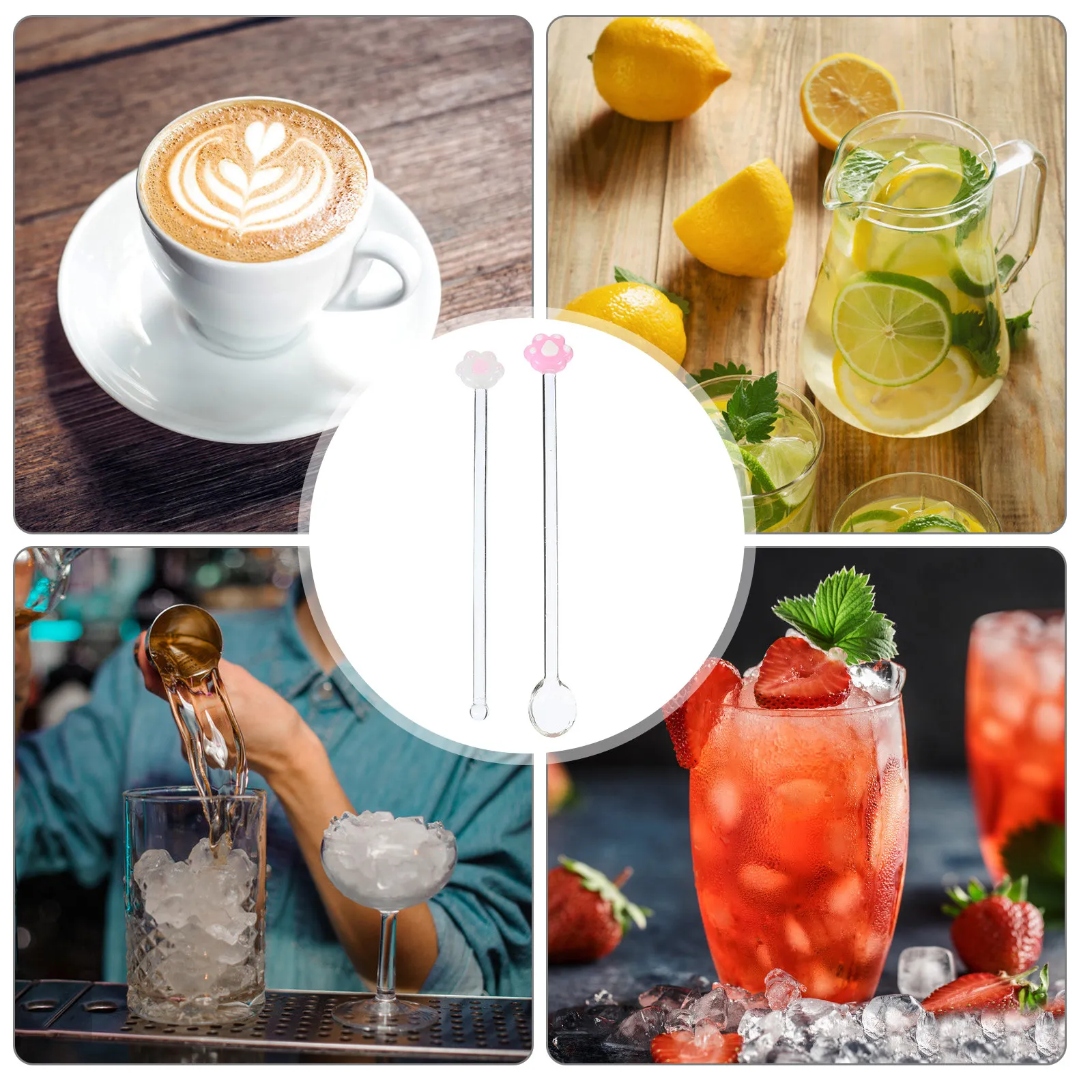 1Set Vibrant Color Glass Swizzle Stick and Spoon Set Premium Safe Delicate Design for Cocktail Tea Coffee Juice Milk Wine