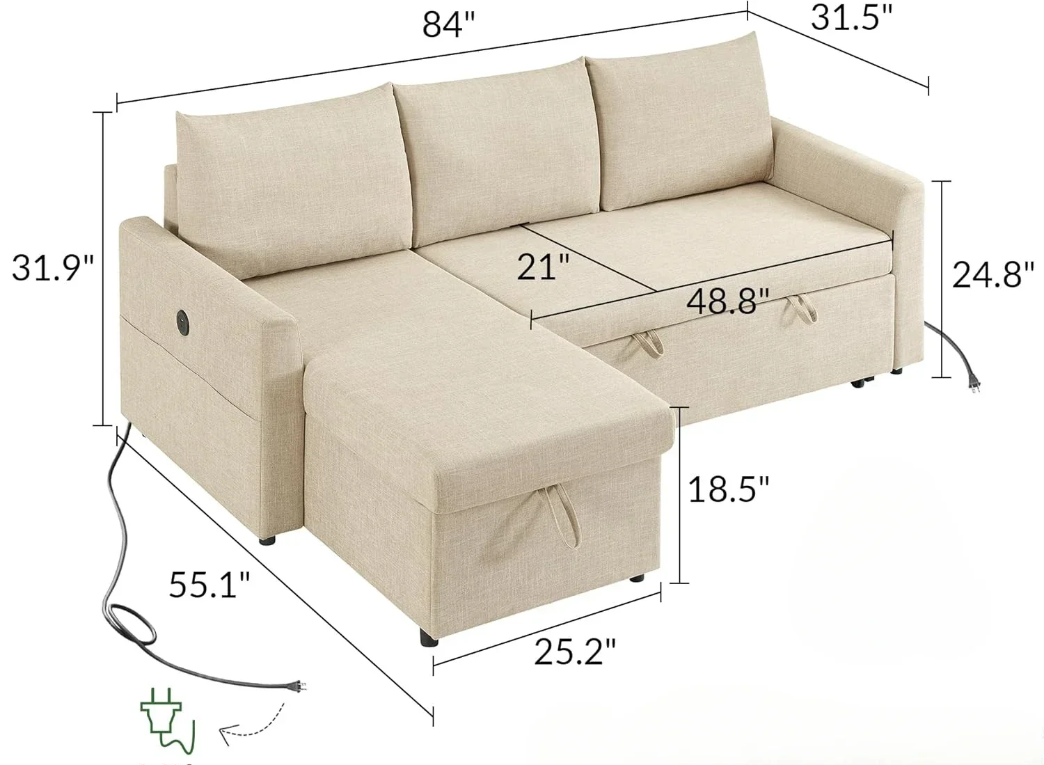 L Shaped Convertible Sleeper Sofa Bed,Pull Out Bed, Reversible Chaise with Storage & Pockets, Removable & Washable Beige Linen