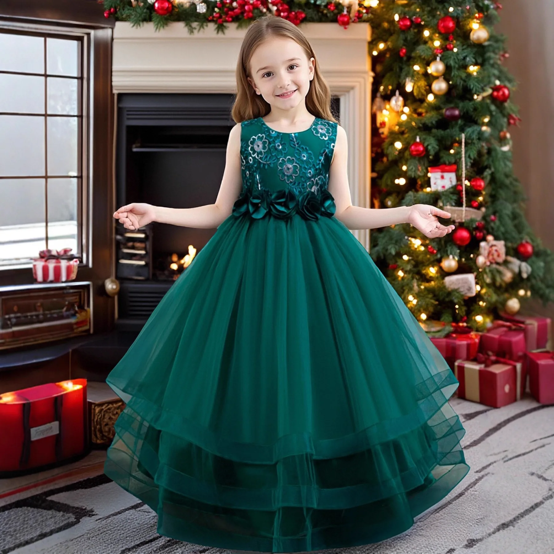 Elegant Kids Girls Flower Sequins Tulle Long Dress For Teens Performance Wedding Birthday Party Pageant Prom Christmas Maxi Gown