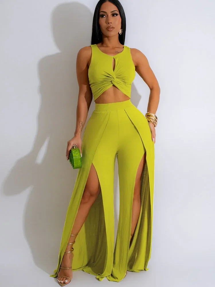 Solid 2 Peice Set Woman Sexy Club Outfits Tank Sleeveless Draped Cutout Crop Top and Split Wide Leg Pants Set Women 2 Piece Sets