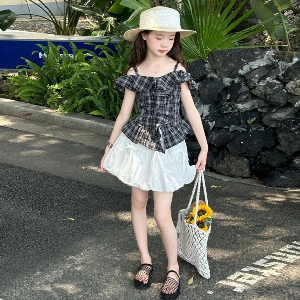 

Короткое платье с плиссировкой и оборками в сетку, топ на бретельках с вырезом на одно плечо, юбка с пышными рукавами для девочек, короткие подтяжки, детское клетчатое платье