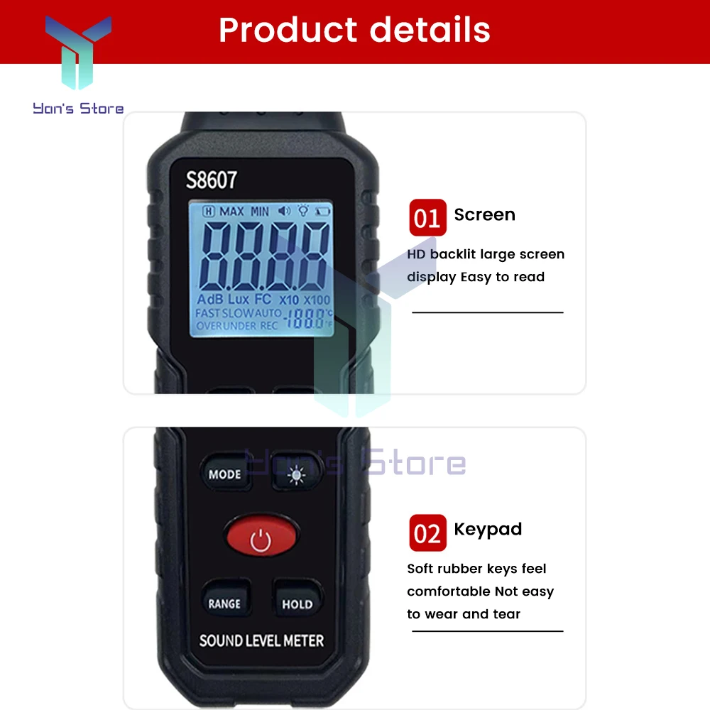 S8607 Digital 30-130dB Decibelimeter dB Meter Sound Level Meter Measure Sound Noise Level Decibel Meter 0.1dB Professional Sound