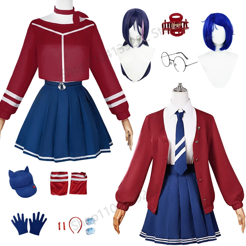 Spiel MiSide Verrückte Mita Cosplay Kostüme Brille Mila JK Schuluniform Perücke Coole Mita-Kleidung Crop Top Rock Strümpfe Hüte Handschuhe Kopfbedeckung Komplettset Halloween Kostüm Perücken Frauen Rollenspiel Outfit