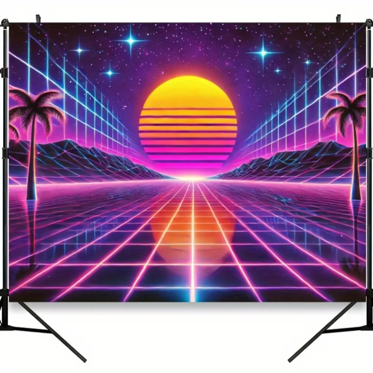 Aesthetic Neon Synthwave Retro Sunset Palm Tree Grid Tapestry Wall Decor Art Print 80s Vaporwave Aesthetic Home Decoration Poste
