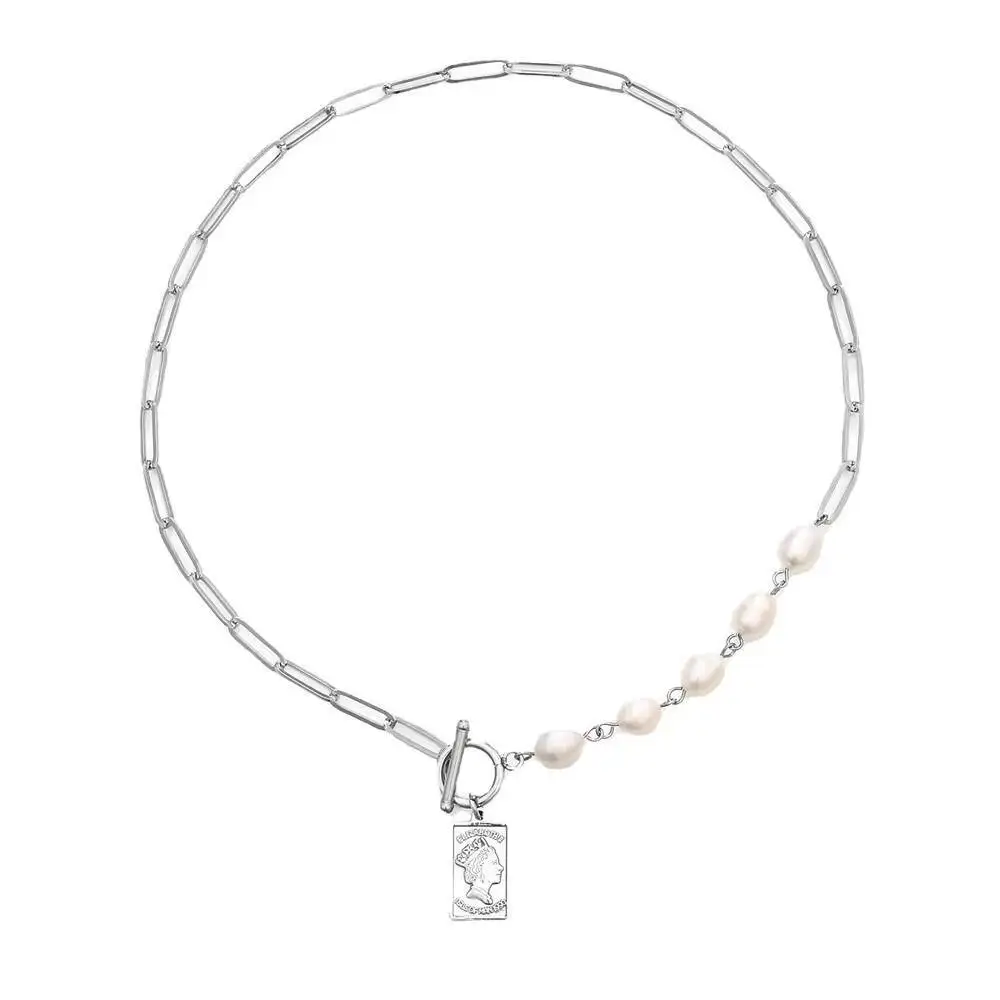 Elizabeth Square Pendant Irregular Natural Pearl Stainless Steel Spliced Necklace For Women Gift
