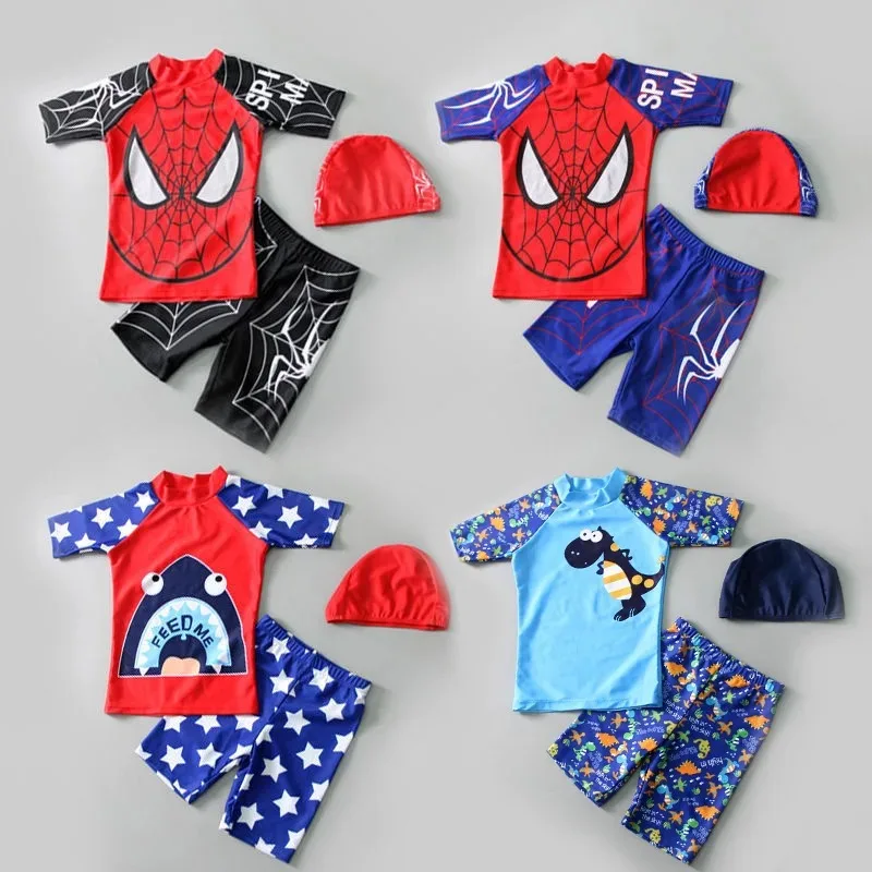 Baby Superhero Cosplay Swimsuit Hat Set Miles Spiderman Spide Man Boys Swimwear Kids Beach Bathsuit Halloween Gifts