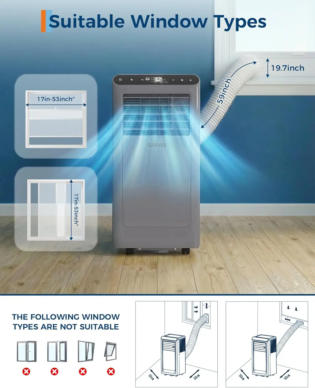 

Garvee Smart DOE-Certified Portable Moveable Climate Control Balanced System: 8000BTU DOE Certified Ceer 6.2 Cooling Max 350 Sq ft Fan Dehumidifier 24H Timer Kit Outside Platform Framework Component Tool Kit Air Conditioner